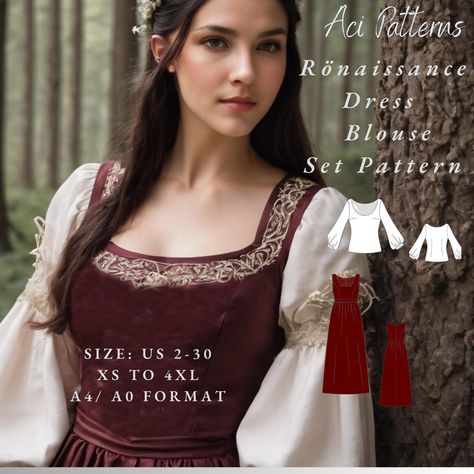 Renaissance Medieval Dress and Blouse Pattern ,Fairy,Regency,Maxi Dress,Halloween costume  Available as an instant download (pdf) sewing pattern bundle with a range of size options, including plus sizes ⭐US Sizes: 2, 4, 6, 8, 10, 12, 14, 16, 18, 20, 22, 24, 26, 28, 30 ⭐Standard Sizes: XS, S, M, L, XL, 2XL, 3XL, 4XL ⭐These patterns are suitable for A4, A0, and US Letter size papers. ⭐Once your payment is processed, you will automatically receive download links for the pattern files. Please note that you can only download the files from a computer; they will not work on a phone or iPad. ⭐This is a digital product. You will receive zip files containing the patterns and sewing instructions. ⭐Due to the nature of digital downloads, no refund, return, or exchange of the files is possible. Howeve Medieval Dress Diy Free Pattern, Medieval Dress Pattern, Halloween Costume Patterns, Dress And Blouse, Elven Dress, Sewing Instructions, Medieval Dress, Dress Halloween Costume, Halloween Kostüm