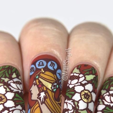 Marilynn on Instagram: "What do you think of this month’s Mani x Me box? I was excited to try the Art Nouveau plates! I chose this woman/zodiac stamp that’s based on an Alphonse Mucha lithograph from 1896, so I wanted to try to replicate the original colors as much as I could. I wasn’t 100% happy with the outcome, but I’m short on time this week and didn’t have time to redo it. How do you like this one? .✨Products used✨ Sinful Colors “Rorange” What’s Up Nails stamping polishes “Sundae Topping”, Art Nouveau Nails, Sundae Toppings, Tattoo Nails, Up Nails, Sinful Colors, Custom Glitter, Alphonse Mucha, Nail Stamping, Nail Ideas