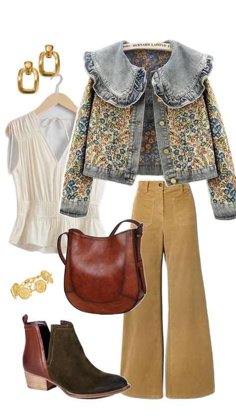 Fall boho boots and denim jacket western flair feminine outfit with unique denim jacket. Two tones western boots. Western inspo. Corduroy pants. Retro boho outfit Unique Denim Jacket, Boho Outfit, Boho Boots, Boots Western, Fall Inspo, Boho Fall, Feminine Outfit, Corduroy Pants, Western Outfits