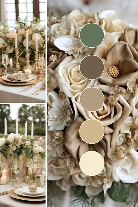 Wedding Color Scheme Champagne, Champagne Brown Green Wedding, Champagne Taupe Hazelnut Wedding, Champagne Color Pallete, Cream Themed Wedding, Wedding Palette Champagne, Spring Wedding Champagne Color Palettes, Wedding Color Pallets Fall, Champagne And Khaki Wedding