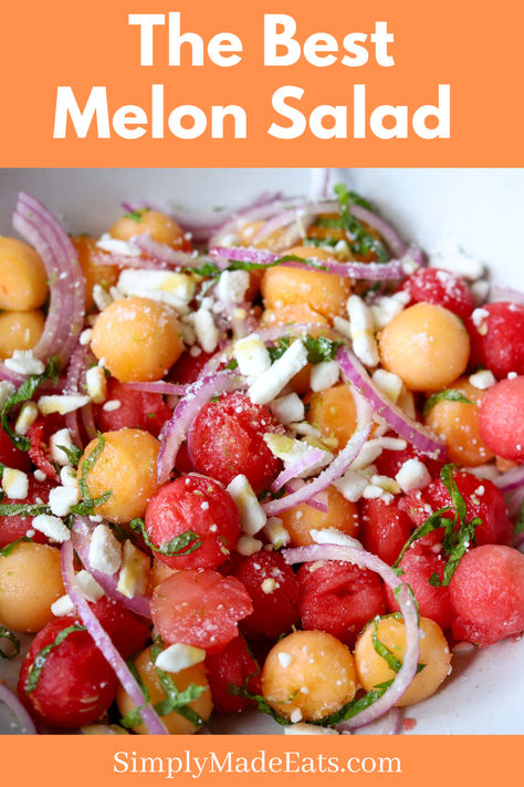 Melon and cantaloupe salad in bowl with feta and mint. Watermelon Cantaloupe Fruit Salad, Marshmallow Fluff Fruit Dip, Cantaloupe Salad, Cantaloupe Fruit, Peach Mango Pie, Hawaiian Macaroni Salad, Southwest Chicken Salad, Melon Salad, Summer Side Dish