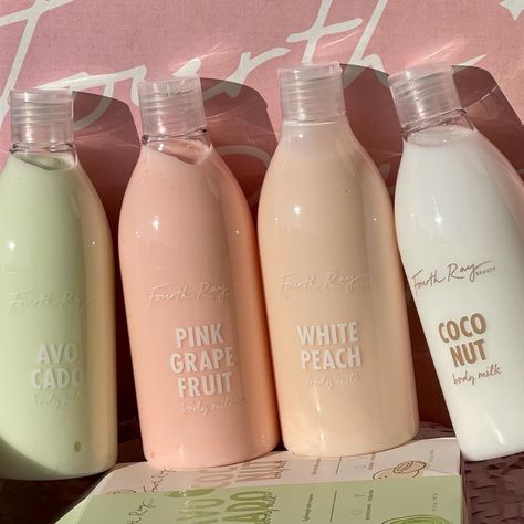 Fourth Ray Beauty Body Milk, Peach Beauty Products, Coconut Skin Care, Body Care Packaging, Aesthetic Skin Care Products, Milk Cosmetics, Fourth Ray, Koleksi Makeup, Fourth Ray Beauty