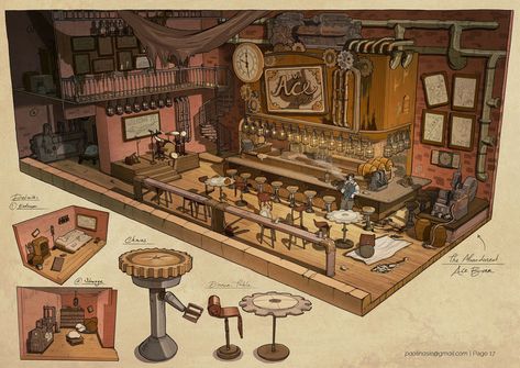 ArtStation - Steampunk Snow White - Bar Design Minecraft Lore, Steampunk Bar, Aesthetic Draw, Feng Zhu Design, Steampunk Interior, Interior Concept Art, Feng Zhu, Ideas Habitaciones, Bg Design