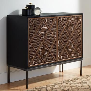 Vinnie 40" Wide Black and Brown 2-Door Accent Chest Living Room Lighting Tips, Sleek Desk, Accent Chests, Painted Drawers, Accent Chests And Cabinets, Office Furniture Design, Accent Chest, Scroll Pattern, Door Panels