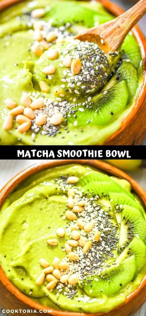 This Green Matcha Smoothie Bowl makes a perfect summer treat. Made with bananas, kiwis, matcha powder and almond milk - it tastes like ice cream and has only 180 calories! ❤️ FOLLOW Cooktoria for more deliciousness! #smoothie #smoothiebowl #banana #kiwi #plantbased #vegan #cooktoria Green Matcha, Matcha Smoothie, Matcha Recipe, Milk It, Smoothie Bowl Recipe, Diet Healthy, Increased Energy, Matcha Powder, Healthy Smoothie