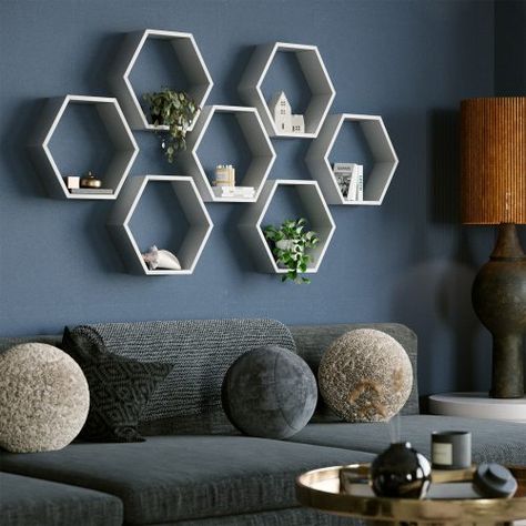 Hexagonal Wall Shelf White Matt Hexagon Wall Shelf, Wooden Work, Hexagon Wall, Decorative Shelving, Shelf White, Wall Bookshelves, Floating Wall Shelves, Floating Wall, Display Storage