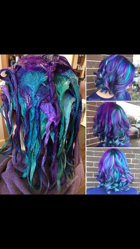 Sweet Teal And Purple Hair, Purple And Blue Hair, Blue Purple Hair, Dyed Hair Purple, Galaxy Hair, Kadeřnické Trendy, Rainbow Hair Color, Multi Colored Hair, Teal Hair