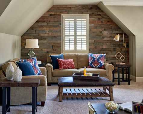 Bonus room with reclaimed wood wall.  Interior design by @rebeccadriggsinteriors Soft Couches, Wood Accent Wall Ideas, Wood Wall Accent, Upstairs Ideas, Coastal Style Bathroom, Dream Playroom, Transitional Family Room, Sleek Fireplace, Family Friendly Living Room