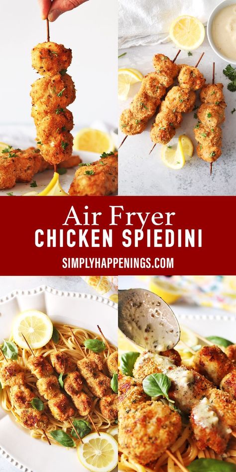 This air fryer chicken spiedini recipe with amogio sauce gives you a different taste of Italy. These crispy air fryer chicken kabobs with a creamy lemon garlic sauce are deliciously served over pasta… Chicken Spedini Recipe, Air Fryer Chicken Kabobs, Creamy Lemon Garlic Sauce, Chicken Spiedini, Chicken Kiev Recipe, Summer Barbecue Food, Crispy Air Fryer Chicken, Lemon Garlic Sauce, Chicken Kiev