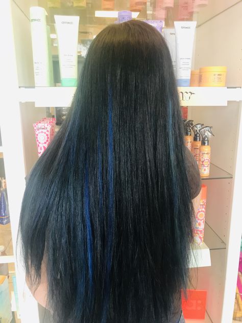 Dark Blue Hair Streaks, Indian Hair Highlights, Goth Peter, Blue Hair Streaks, Blue Hair Highlights, Hair Stripes, Blue Black Hair, Dark Blue Hair, Hair Color Underneath