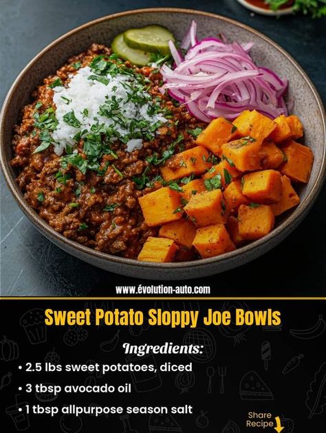 Mediterranean Kitchen Recipes | Sweet Potato Sloppy Joe Bowls | Facebook Sloppy Joe Sweet Potato Bowl, Sweet Potato Sloppy Joe, Sloppy Joe Sweet Potato, Sloppy Joes Bowls, Recipes Sweet Potato, Sweet Potato Bowls, Weekly Menu Planning, Mediterranean Kitchen, Recipes Sweet