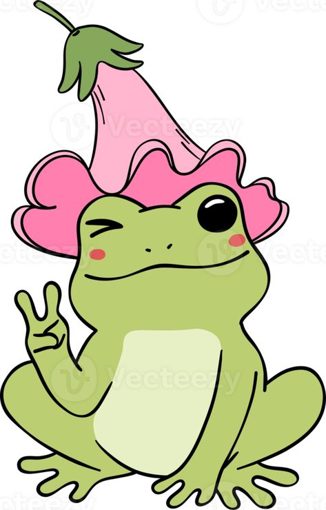 Retro frog with peace sign, frog with flower hat cartoon doodle Frog With Flower Hat, Cartoon Frog Tattoo, Peace Sign Clipart, Frog With Flower, Frog Graphic, Frog Cartoon, Frog Logo, Hat Cartoon, Cartoon Doodle