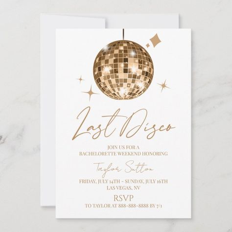 Disco Ball Last Disco Bachelorette Weekend Party Invitation Disco Party Invitations, Gold Disco Ball, Last Disco Bachelorette, Disco Birthday, Last Disco, Disco Bachelorette, Disco Birthday Party, Weekend Party, Bachelorette Party Invitations