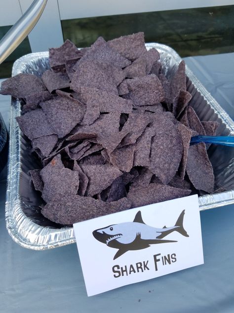 Megladon Shark Party, Sharkweek Party Food, Shark Week Decor, Jaws Birthday Party Ideas, Shark Appetizers, Whale Shark Birthday Party, Shark Fourth Birthday, Shark Inspired Food, Jaws Themed Birthday Party