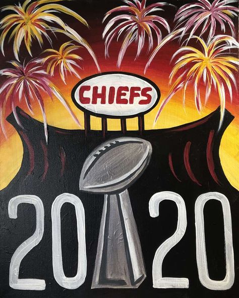 Chiefs Chalkboard Art, Chiefs Painting, Kansas City Chiefs Painting Ideas, Football Paintings On Canvas, Football Stadium Painting, Football Paintings, Kc Football, Pinots Palette, Paint And Sip