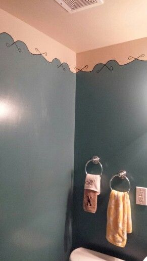 I did a painted border in a small bathroom.  I cut out a wave pattern on an old cardboard box flap and traced that on the wall. Then painted the two colors on the wall and added swirls to the ends of the pattern. It's a little difficult to see, but I painted the ceiling the same color as the border. Whimsical House, Wall Borders, Paint Techniques, Ceiling Treatments, Wall Ideas, Dream Rooms, Wave Pattern, Cardboard Box, Ceiling Fixtures