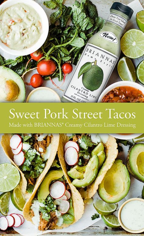 Try this brand new recipe for Sweet Pork Street Tacos with BRIANNAS Cilantro Lime Dressing! Recipe courtesy of @OhSoDelicioso. Pork Street Tacos, Cilantro Lime Dressing Recipe, Sweet Pork, Cilantro Lime Dressing, Pork Tacos, Street Tacos, Lime Dressing, Salad Dressing Recipes, Chicken Tacos