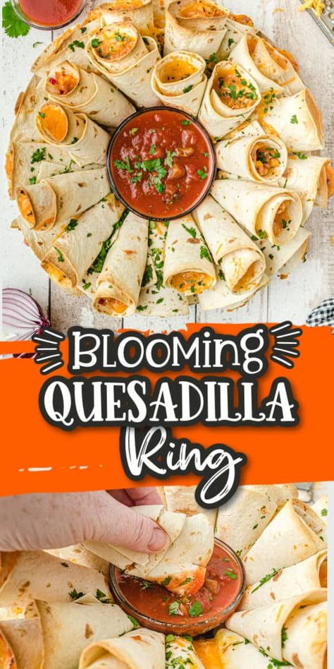 Impress your guests with this Blooming Quesadilla Ring! Quesadillas are a great appetizer and dinner recipe, but a quesadilla ring takes this easy, crowd-pleasing recipe to a whole new level! Using tortilla shells that are cut in half, filled with chicken and cheese, and rolled up, then, placed in a giant ring. This pull-apart appetizer is always a fan favorite! Pull Apart Taco Ring, Appetizers Using Tortillas, Baked Tortilla Roll Ups, Taco Shells Recipe, Recipes Using Tortilla Shells, Tortillas Appetizers, Tortilla Roll Ups Appetizers, Blooming Quesadilla Ring, Blooming Quesadilla