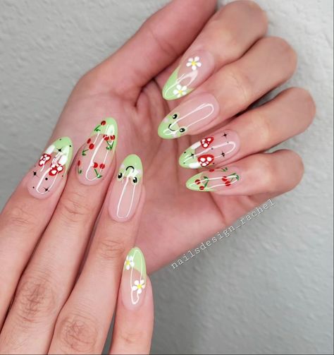 Cute Simple Nails, Cherry Nails, Pink Gel, Nail Forms, Nail Accessories, Nail Polishes, Flower Nails, Green Nails, Almond Nails