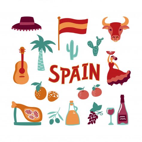 Collection hand drawn symbols of spain. Premium Vector Spain Symbols, Spain Scrapbook, Spanish Drawings, Spain Illustration, Spain Drawing, Spain Postcard, Logo Voyage, Spain Art, Spain Culture