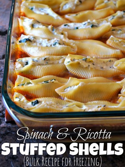 spinach stuffed shells bulk freezer recipe- @ahealthyslice Freezing Spinach, Spinach Ricotta Stuffed Shells, Spinach And Ricotta Stuffed Shells, Ricotta Stuffed Shells, Spinach Stuffed Shells, Stuffed Shells Ricotta, Healthy Slice, Spinach And Ricotta, Shells Recipe