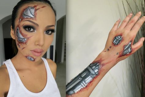 Frighteningly Awesome Halloween Makeup Ideas Terminator Makeup, Robot Makeup, Mangas Tattoo, Robot Hand, Halloween Makeup Ideas, Cool Halloween Makeup, Special Fx Makeup, Theatrical Makeup, Halloween Contacts