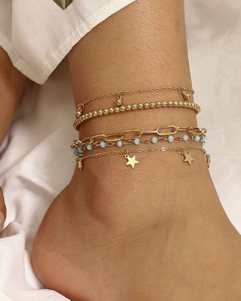 Shine brighter than the stars! 🌟✨ Elevate your style with the European and American-inspired Fashion All-Match Cross Hollow Multi-Layer Foot Ornaments Anklet. Perfect for any occasion or as a thoughtful gift. Grab yours now for just $14.95! #anklets #cj #cj10 #jewelry #luckeladybug #new #women's Link in bio! Bead Anklets, Payal Designs Silver, Simplistic Jewelry, Ankle Bracelets Gold, Hippie Aesthetic, Anklet Designs, Leg Chain, Gold Anklet, Beaded Anklets