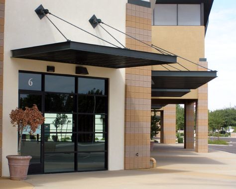 Overhead Supports on Commercial Awnings Suspended Pergola, Suspended Canopy, Awning Ideas, Front Door Canopy, Custom Awnings, Aluminum Awnings, Metal Awning, Commercial And Office Architecture, Building A Porch