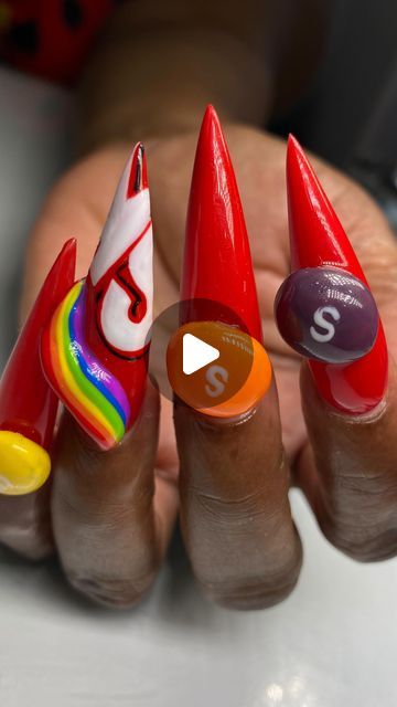 𝘾𝙚́𝙪 𝙉𝙖𝙞𝙡𝙨 on Instagram: "Taste the 🌈 

#stilettonails #skittlesnails #skittles #3dnails #3dnailart #handpainted 

@charmedxceu #868 is the perfect all round red ❤️" 3d Nail Art, 3d Nails, Stiletto Nails, Nail Art, Hand Painted, Nails, Red, Instagram, Art