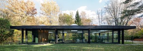 maurice martel's glass pavilion is a tribute to modern architecture Philip Johnson Glass House, Pool House Design, Barcelona Pavilion, Pool Pavilion, Pool House Designs, Glass Pavilion, Rose House, Wooden Terrace, Philip Johnson