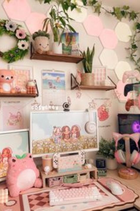 Kawaii Desk Setup Office, Pink Theme Desk, Pink Pc Desk, Desk Kawaii, Kawaii Desk Setup Study, Kawaii Desk Shelf, Cozy Desk, Pink Games, Gamer Setup