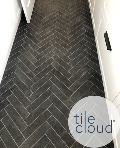 Black Herringbone Tile Bathroom, Light Grey Grout, Concrete Look Tiles, Black Herringbone Tile, Herringbone Tile Bathroom, Powder Room Tile, Herringbone Tile Floors, Modern Mountain House, Black Floor Tiles