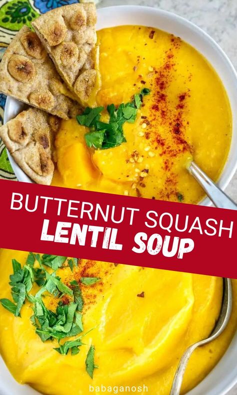 Smooth and creamy pureed lentil butternut squash soup. Butternut Squash Lentil Soup, Squash Lentil Soup, Recipe Using Butternut Squash, Butternut Squash Lentil, Red Split Lentils, Healthy Butternut Squash, Butternut Soup, Butternut Squash Puree, Yellow Lentils