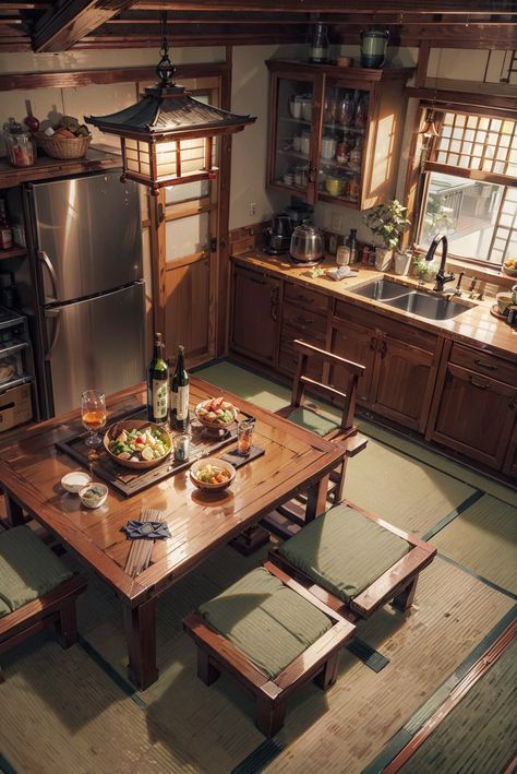 Traditional Japanese Kitchen Aesthetic, Old Japanese House Aesthetic, Middle Class Japanese Home, Japanese Themed House, Japanese Cabin Interior, Country Japanese House, Old Japanese Kitchen, Japanese Victorian House, Old Japanese House Interior