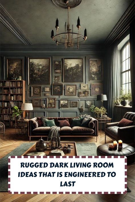 [Promotion] A Stylish Maximalist Living Room Blending Dark Academia Aesthetics With Modern Design Elements. The Room Features Dark Velvet And Leather Furniture, Sleek Lines, And Rich, Deep Colors. The Walls Are Adorned With Vintage Art Pieces, And A Contemporary Chandelier Along With Candles Create A Cozy, Mysterious Ambiance. #cozydarklivingroomideas Academia Living Room Aesthetic, Dark Taupe Living Room, Cozy Dark Living Room, Maximalist Dark Academia, Academia Living Room, Modern Dark Academia, Dark Academia Living Room, Dark Academia Aesthetics, Dark Living Room Ideas