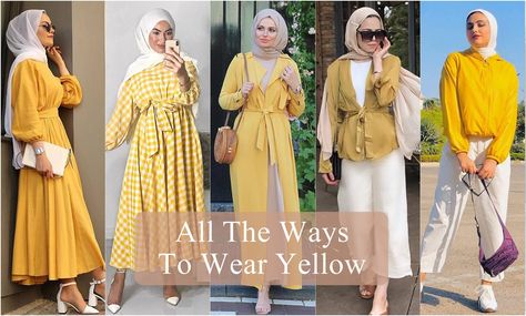 Yellow Dress Hijab, Yellow Jumper Outfit, Yellow Hijab Outfit, Bali Ootd, Casual Outfits Hijab, Yellow Hijab, Fashion Outfits Hijab, Dress With Hijab, Mix And Match Outfits Hijab