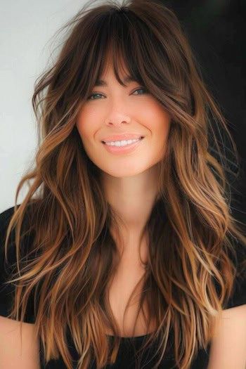 Long Tousled Highlighted Layers Hairstyle With Bangs. Hair Fringes For Long Hair, Choppy Ends Haircut Medium, Brown Hair With Caramel Highlights Bangs, Long Hair With Layers And Fringe, Kate Middleton Curtain Bangs, Long Layered Hair Styles With Bangs, Long Shag Side Part, Long Wavy Hair With Side Bangs, Wolf Bangs Long Hair