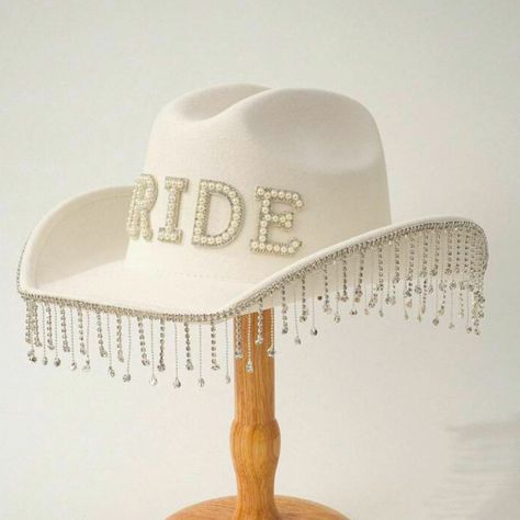 Brand New. Still With Tags And Original Packaging. Pearl Details. Cowboy Hats Wedding, Austin Tx Bachelorette Party, Bride Cowboy Hat, Bachelorette Party Beach, Pretty Shoes Sneakers, Bachelorette Party Bride, New Bride, Pearl Details, Bride Accessories