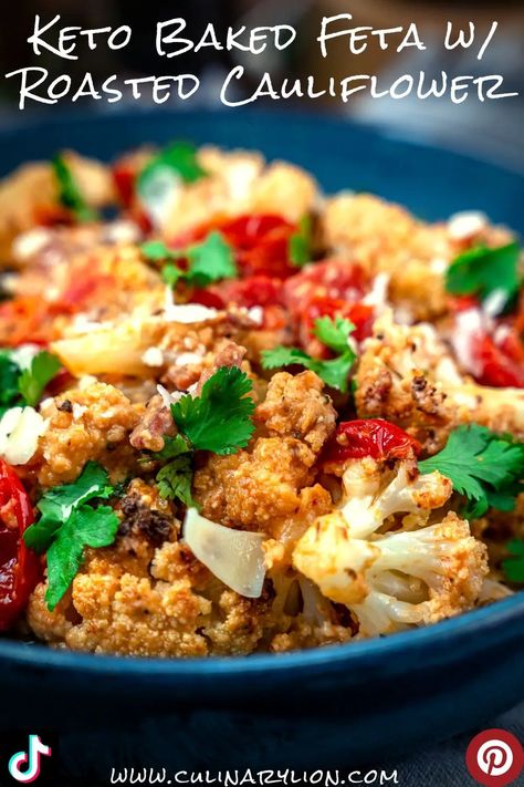 Keto Baked Feta w/ Roasted Cauliflower - Culinary Lion Roasted Feta, Oven Baked Pork Ribs, Pasta Tiktok, Baked Pork Ribs, Feta Tomato, Baked Feta Pasta, Feta Cheese Recipes, Outdoor Cooking Recipes, Lo Carb Recipes