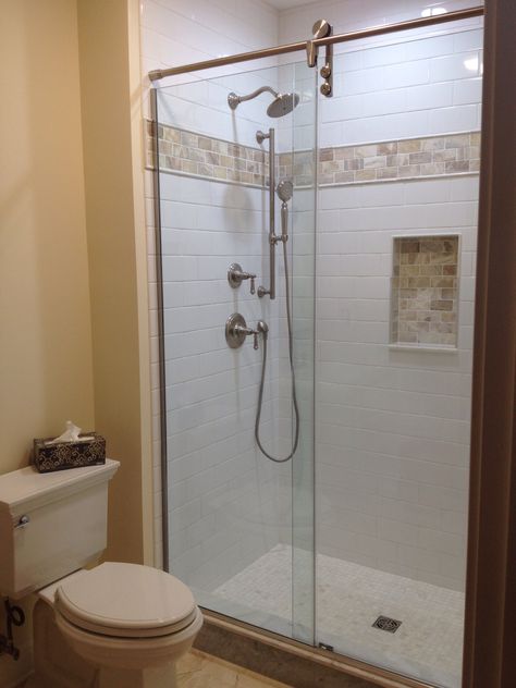 Shower is finished.  White subway tile with onyx accent tile & floor. Onyx Subway Tile Shower Ideas, Subway Tile Shower Ideas, Onyx Showers, Shower Accent Tile, Onyx Shower, Elegant Bathroom Design, Subway Tile Showers, Shower Tiles, Shower Pics