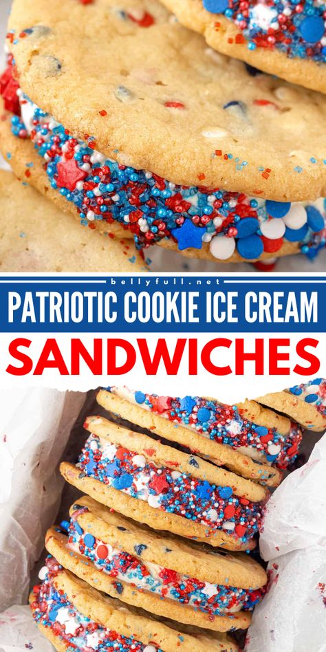 What's more fun than 4th of July dessert ideas? These Patriotic Cookie Ice Cream Sandwiches! A yummy summer dessert with sugar cookie dough, red white and blue chocolate chips, vanilla ice cream, and patriotic sprinkles! 4th Of July Cookie Sandwich, Fourth Of July Ice Cream Sandwich, July 4th Ice Cream Sandwiches, Ice Cream Sandwich 4th Of July, 4th Of July Ice Cream Desserts, 4th Of July Desserts Chocolate, Fourth Of July Ice Cream, 4th Of July Dessert Ideas, 4th Of July Ice Cream