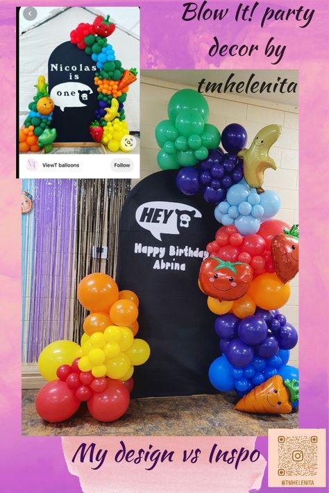 Hey Bear!, birthday themed party. Hey Bear Balloon Arch, Hey Bear Birthday Party, Dancing Fruit, Hey Bear, Bear Birthday Party, Fruit Party, Birthday Party Balloon, Bear Birthday, Balloon Decor