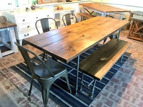 Table With Metal Chairs, Industrial Farmhouse Table, Rustic Dining Set, Industrial Decor Kitchen, Table With Bench, Farmhouse Kitchen Table, Farmhouse Table Setting, Farmhouse Table With Bench, Industrial Kitchen Design