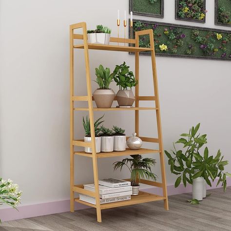 Made of solid bamboo material, natural and environmental, good for health, simple and sturdy structure. With 4 tier shelves, perfect for storing books, flowers, towels and other stuffs in dining room, bedroom, bathroom, garden, office, balcony, etc.It can be used as a plant ladder, flower display stand, bookcase shelf, bathroom storage shelf. Bookcase Ladder, Bamboo Ladders, Ladder Design, Ladder Storage, Open Bookshelves, Support Pour Plante, Bamboo Board, Bathroom Storage Shelves, Etagere Bookcase