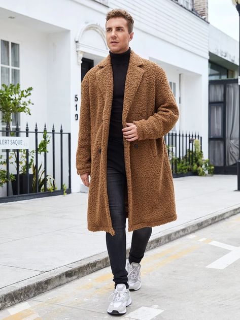 SHEIN Men 1pc Lapel Neck Double Breasted Teddy Coat | SHEIN Teddy Coat Street Style, Nyc Mens Fashion, Fashion Blazer Outfits, Men Fashion Blazer, Mens Fashion Fall Outfits, Mens Fur Coat, Men Outerwear, Shein Men, Men Coats