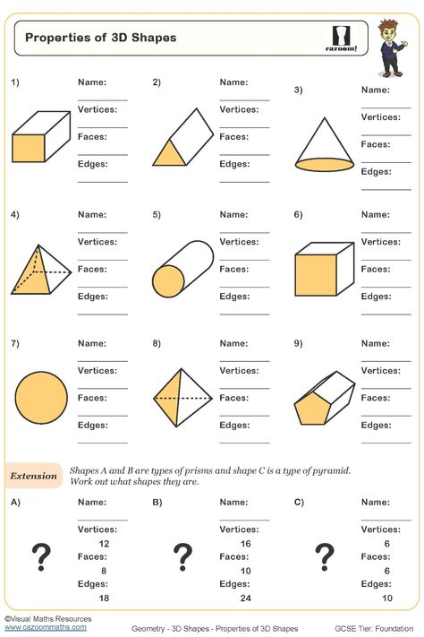 Properties of 3D Shapes Worksheet Properties Of 3d Shapes Worksheet, 3d Shapes Lesson, Year 7 Maths Worksheets, Year 7 Maths, 3d Shapes Worksheets, Math Fractions Worksheets, Shapes Lessons, Math Fact Worksheets, Grade 6 Math