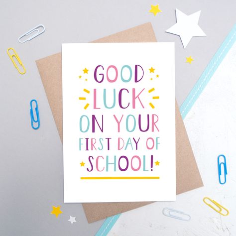 A good luck on your first day of school card to wish your little one good luck on their very first day of school! This card is perfect for if your little one is a little nervous as it wishes them all the luck from the people who love them most, or if they're excited to go and see their friends then it simply adds to the joy! The card reads: 'Good luck on your first day of school!' This card is available in: pink, purple & blue or rainbow! There is also a version for going back to school. Ple School Card, Flower Girl Card, Start School, Good Luck Cards, Pink Purple Blue, Bridesmaid Cards, Just Because Gifts, School Holidays, Going Back To School