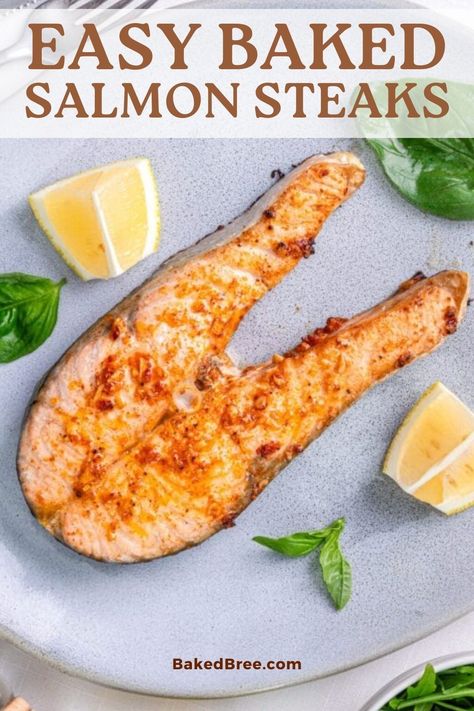 Learn how to make Baked Salmon Steaks with our easy recipe! Juicy, flavorful, and healthy, these salmon steaks are perfect for any meal. Salmon Steaks In Oven, Salmon Steaks Baked, Steaks In Oven, Baked Salmon Steak, Salmon Steak Recipes, Baked Bree Recipe, Bake Salmon, Salmon Steaks, Baked Steak