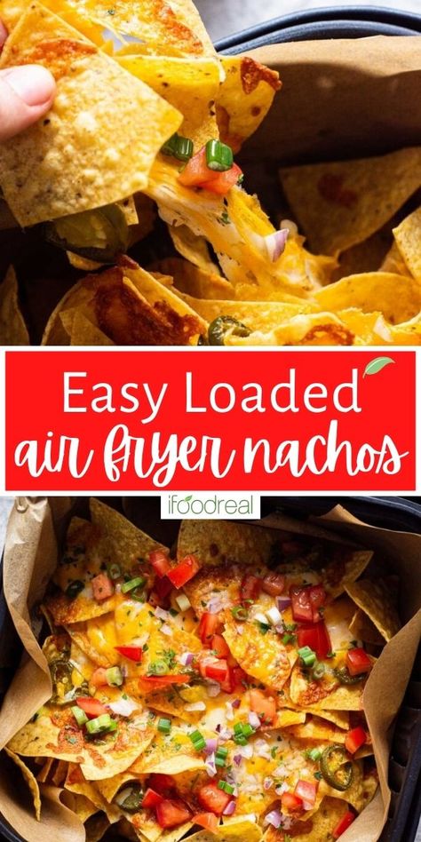 Air fryer nachos are easy, cheesy, loaded, and have the flexibility of making them exactly the way you like. In under 8 minutes with almost no clean-up afterward, you'll have layers of the best tasting crispy nachos you've ever made! Fryer Cabbage, Air Fryer Nachos, Easy Nachos, Cooks Air Fryer, Loaded Nachos, Air Fried Food, Air Fryer Oven Recipes, Healthy Mexican, Air Fry Recipes