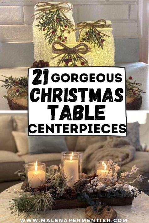 christmas table centerpieces - examples of different christmas centerpiece ideas for dining table and coffee table that are elegant and easy to diy Christmas Table Centres Centerpieces, Winter Centre Piece Ideas, Cute Christmas Centerpieces Easy Diy, How To Make A Christmas Centerpiece Table Decorations, Christmas Ornament Table Decor, Cheap Diy Christmas Table Decor, Winter Wedding Table Centerpieces Diy, Christmas Centerpieces For Work Party, Simple Christmas Centre Pieces